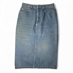 Vtg Polo Ralph Lauren Denim Skirt Women's 8 Blue Midi 90s Made in USA *Stain*